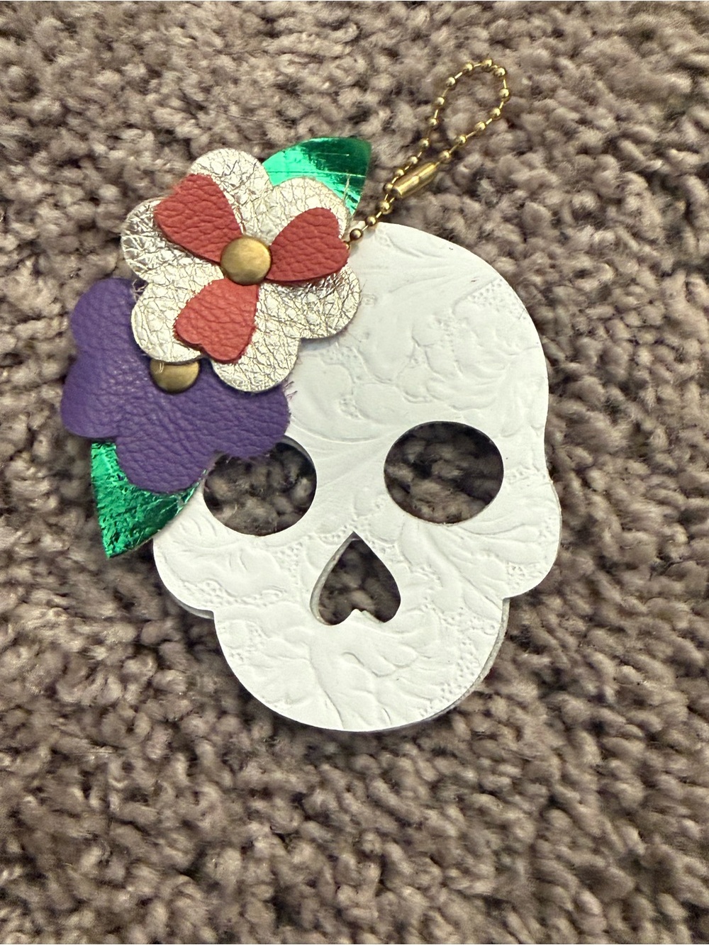 Hand-Made Leather Embossed Skull Keychain with Colorful Floral Accent